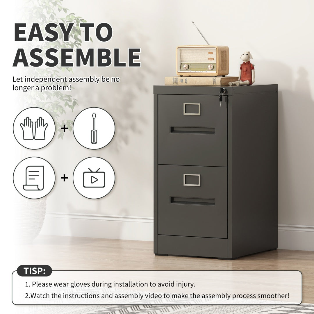 Steel Vertical 2 Drawer Filing Cabinet Cupboard Locker Inner Handle With Card Slots - Black