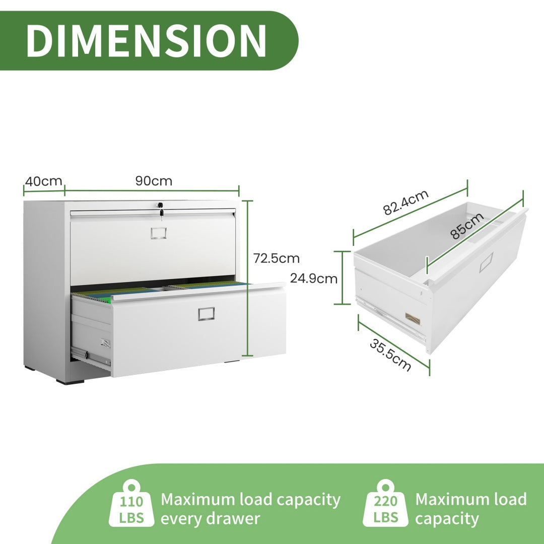 Steel Lateral 2 Drawer Filing Cabinet Cupboard Locker Swan Handle With Card Slots - White
