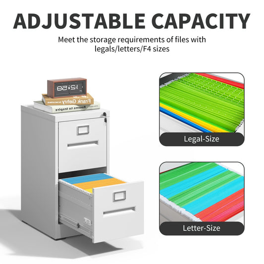 Steel Vertical 2 Drawer Filing Cabinet Cupboard Locker Inner Handle With Card Slots - White