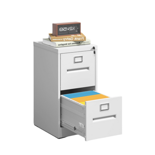 Steel Vertical 2 Drawer Filing Cabinet Cupboard Locker Inner Handle With Card Slots - White