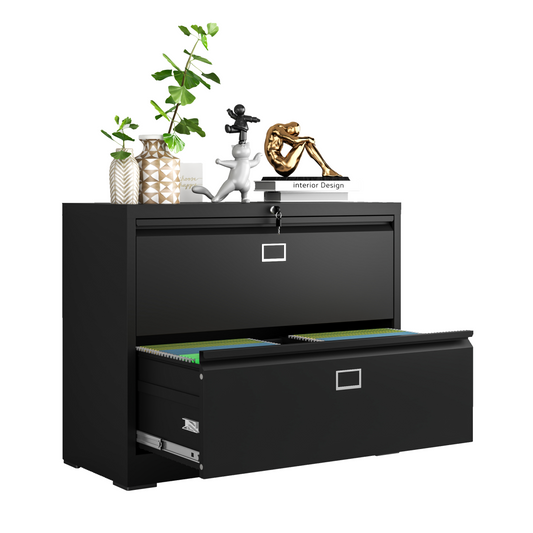 Steel Lateral 2 Drawer Filing Cabinet Cupboard Locker Swan Handle With Card Slots - Black