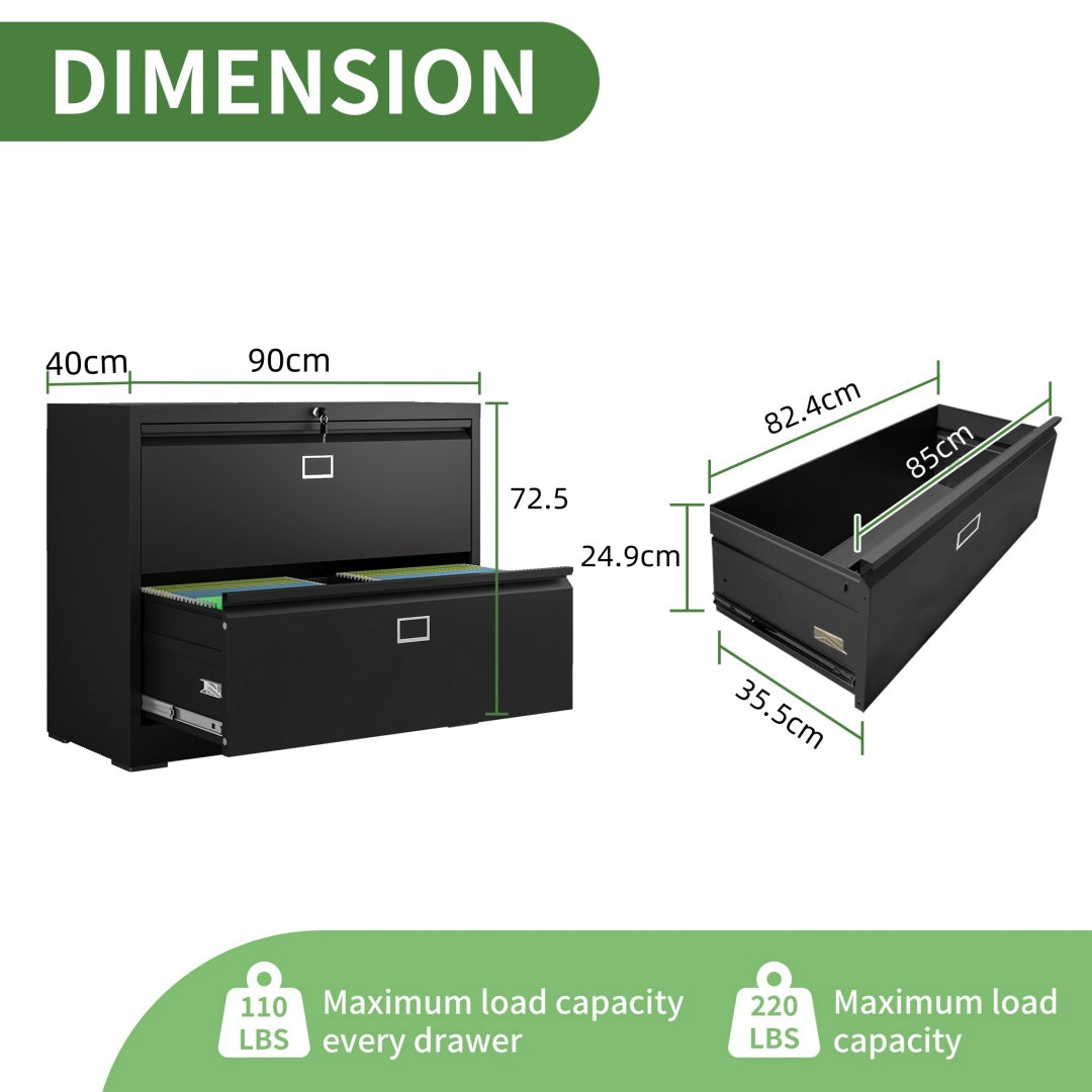 Steel Lateral 2 Drawer Filing Cabinet Cupboard Locker Swan Handle With Card Slots - Black