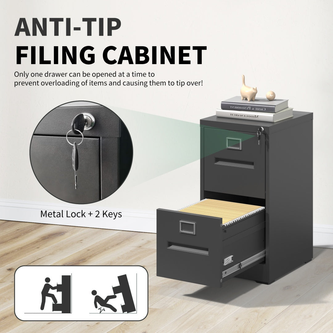 Steel Vertical 2 Drawer Filing Cabinet Cupboard Locker Inner Handle With Card Slots - Black