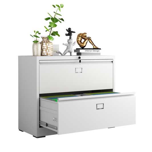 Steel Lateral 2 Drawer Filing Cabinet Cupboard Locker Swan Handle With Card Slots - White