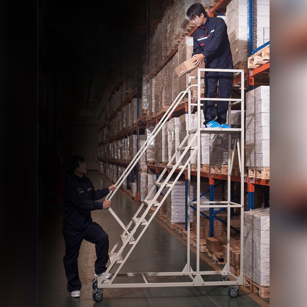 Steel 9 Step Mobile Safety Ladder With Wheels - Light Grey