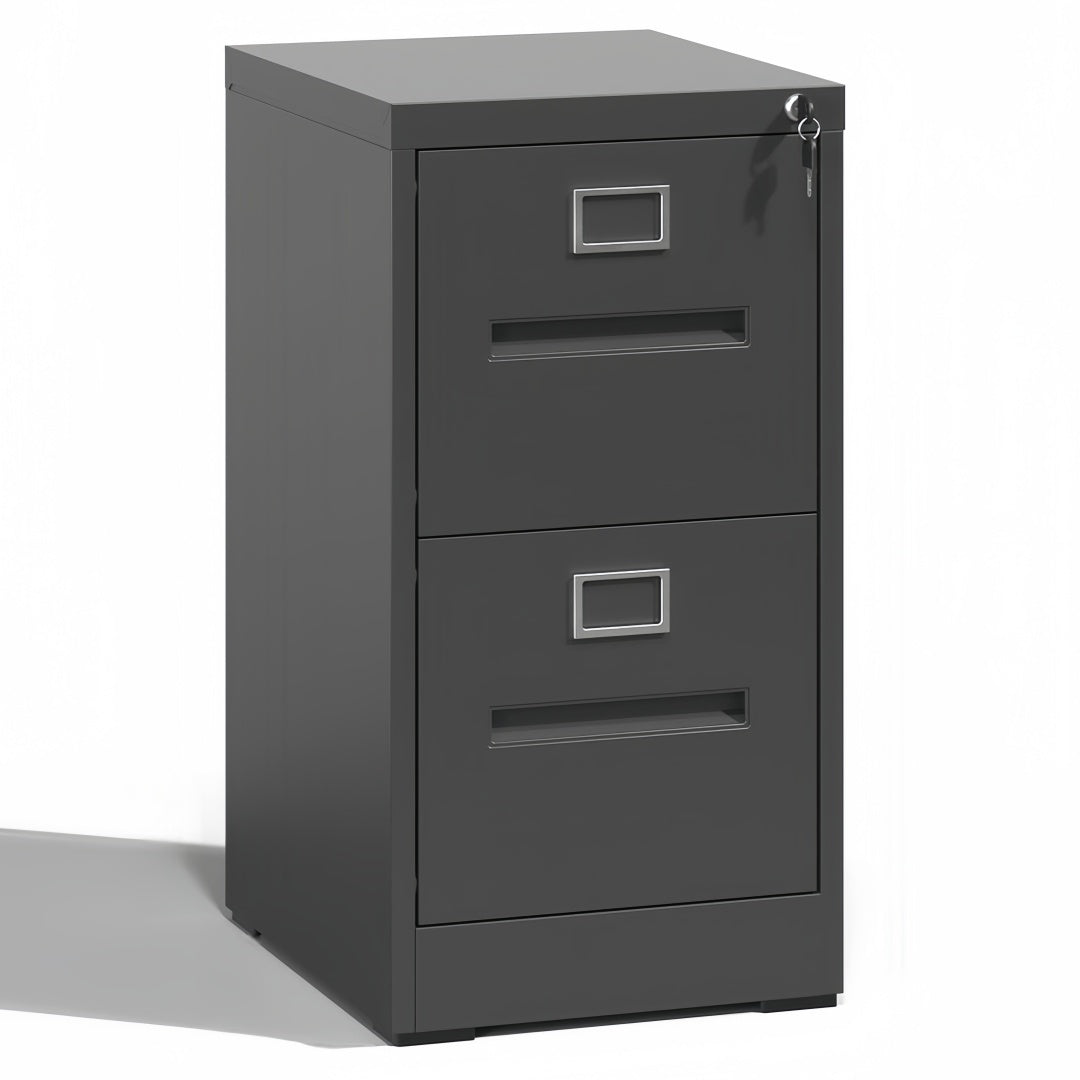 Steel Vertical 2 Drawer Inner Handle Filing Cabinet Cupboard Locker With Card Slots - Black