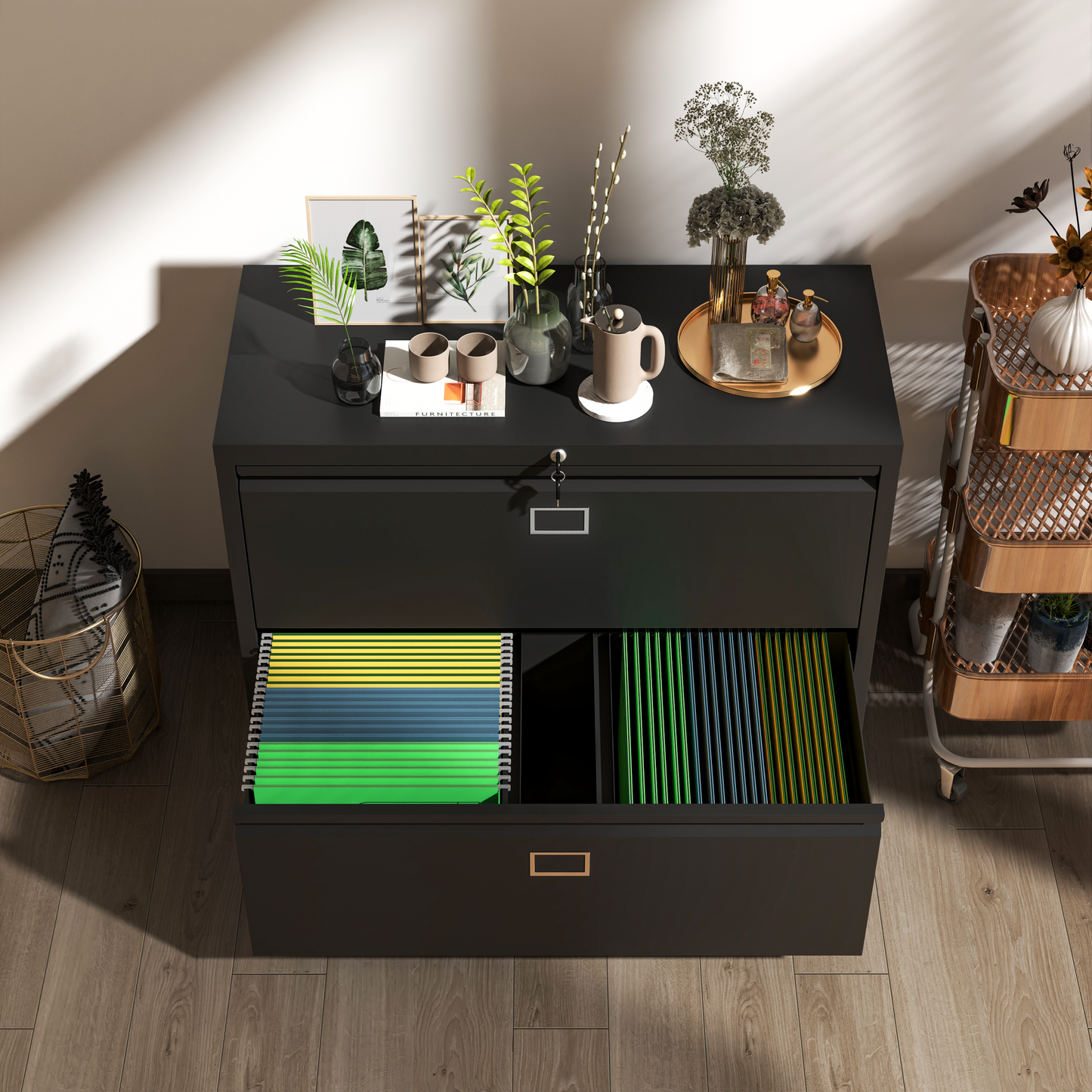 Steel Lateral 2 Drawer Filing Cabinet Cupboard Locker Swan Handle With Card Slots - Black