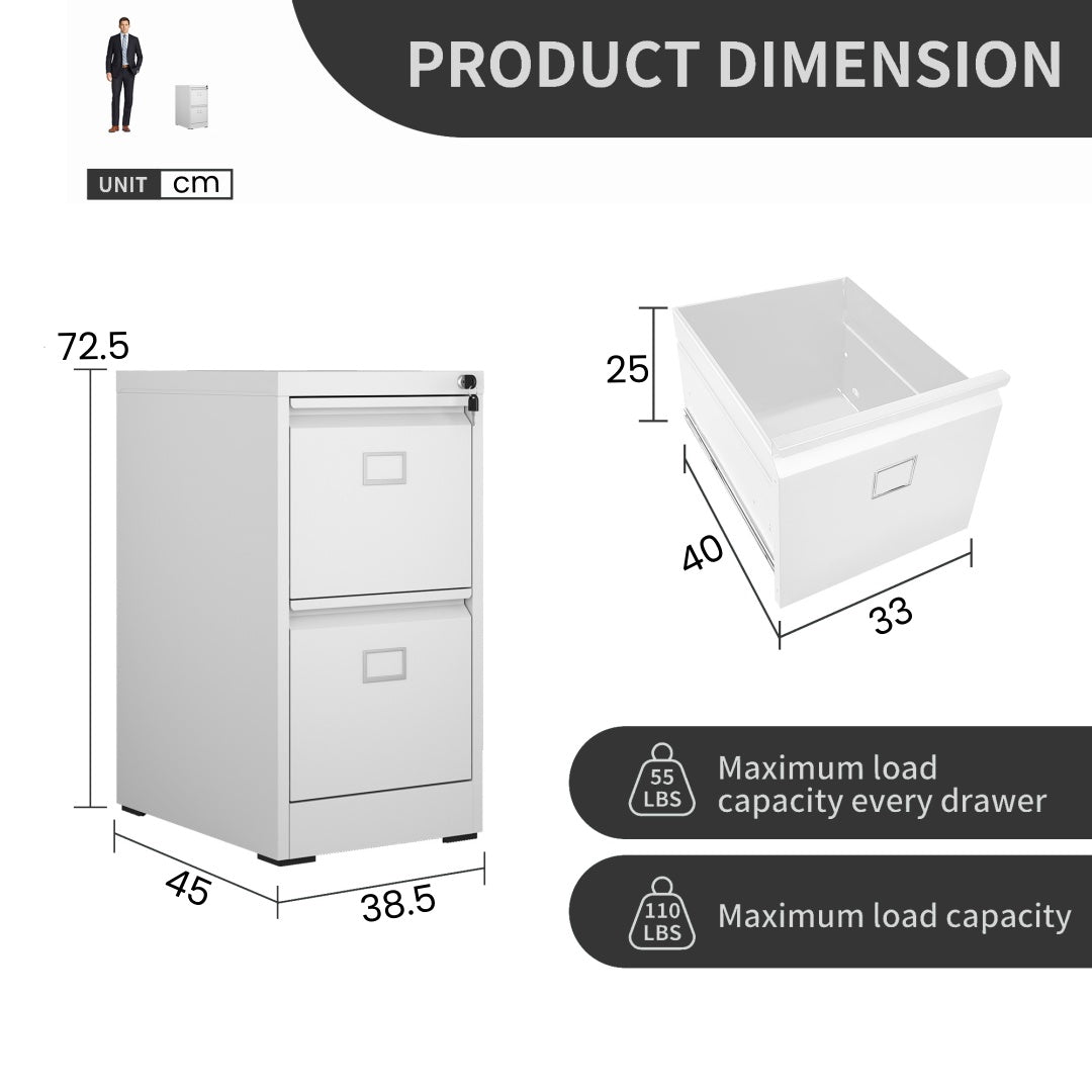 Steel Vertical 2 Drawer Filing Cabinet Cupboard Locker Swan Handle With Card Slots - White