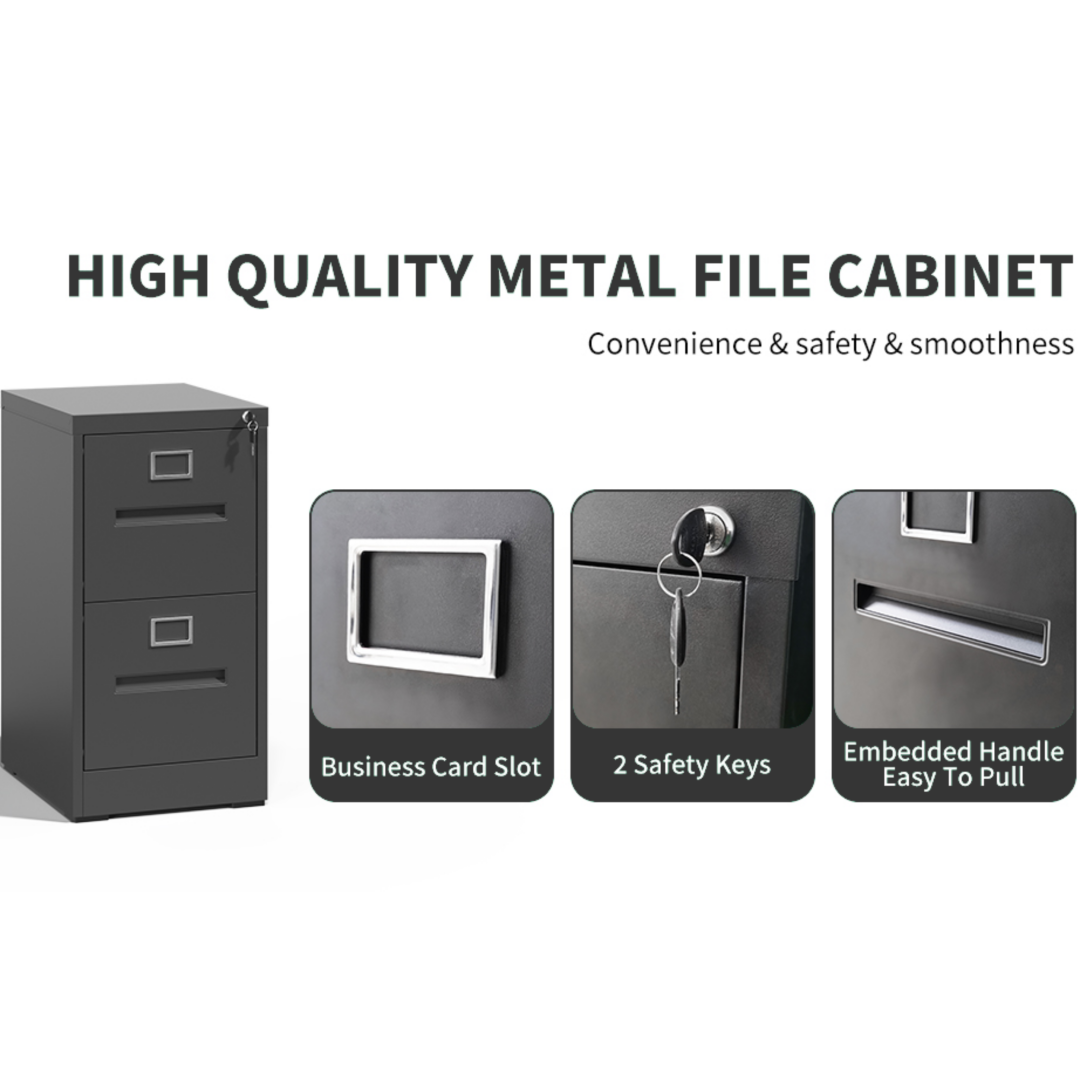 Steel Vertical 2 Drawer Filing Cabinet Cupboard Locker Inner Handle With Card Slots - Black