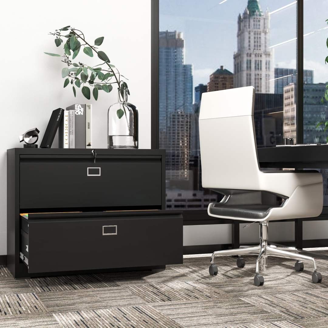 Steel Lateral 2 Drawer Filing Cabinet Cupboard Locker Swan Handle With Card Slots - Black