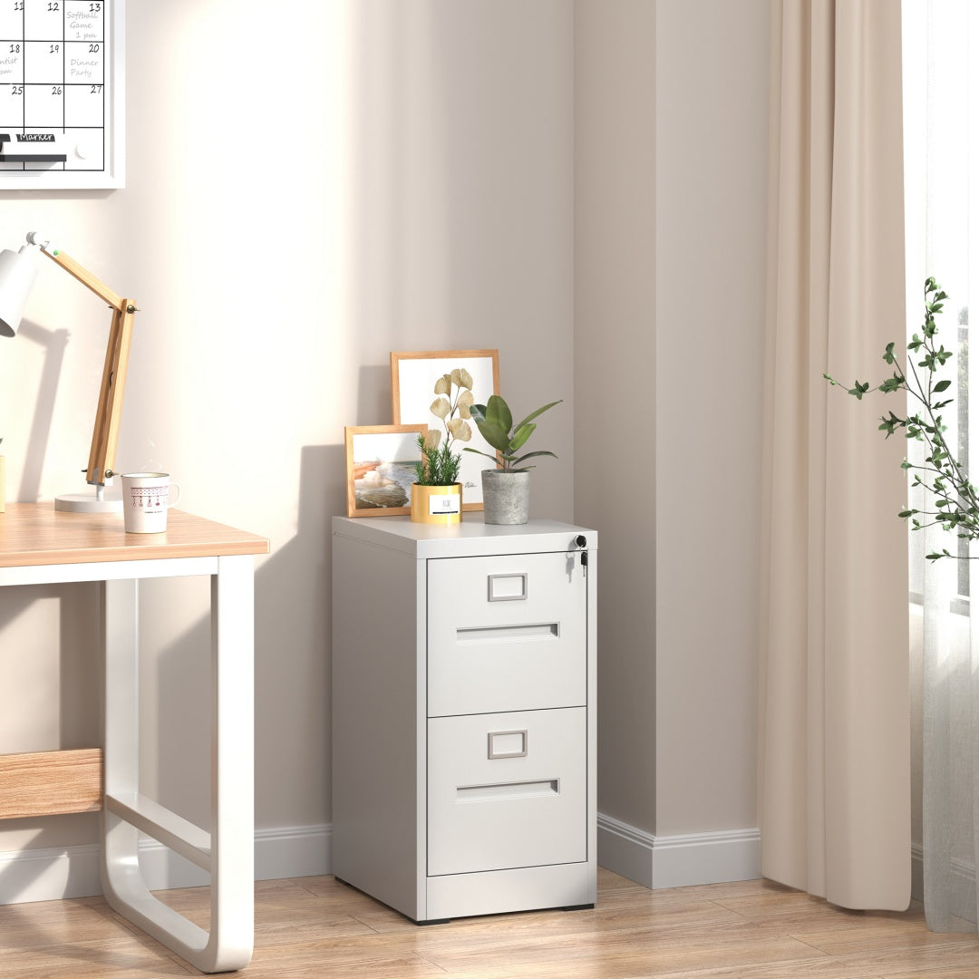 Steel Vertical 2 Drawer Filing Cabinet Cupboard Locker Inner Handle With Card Slots - White