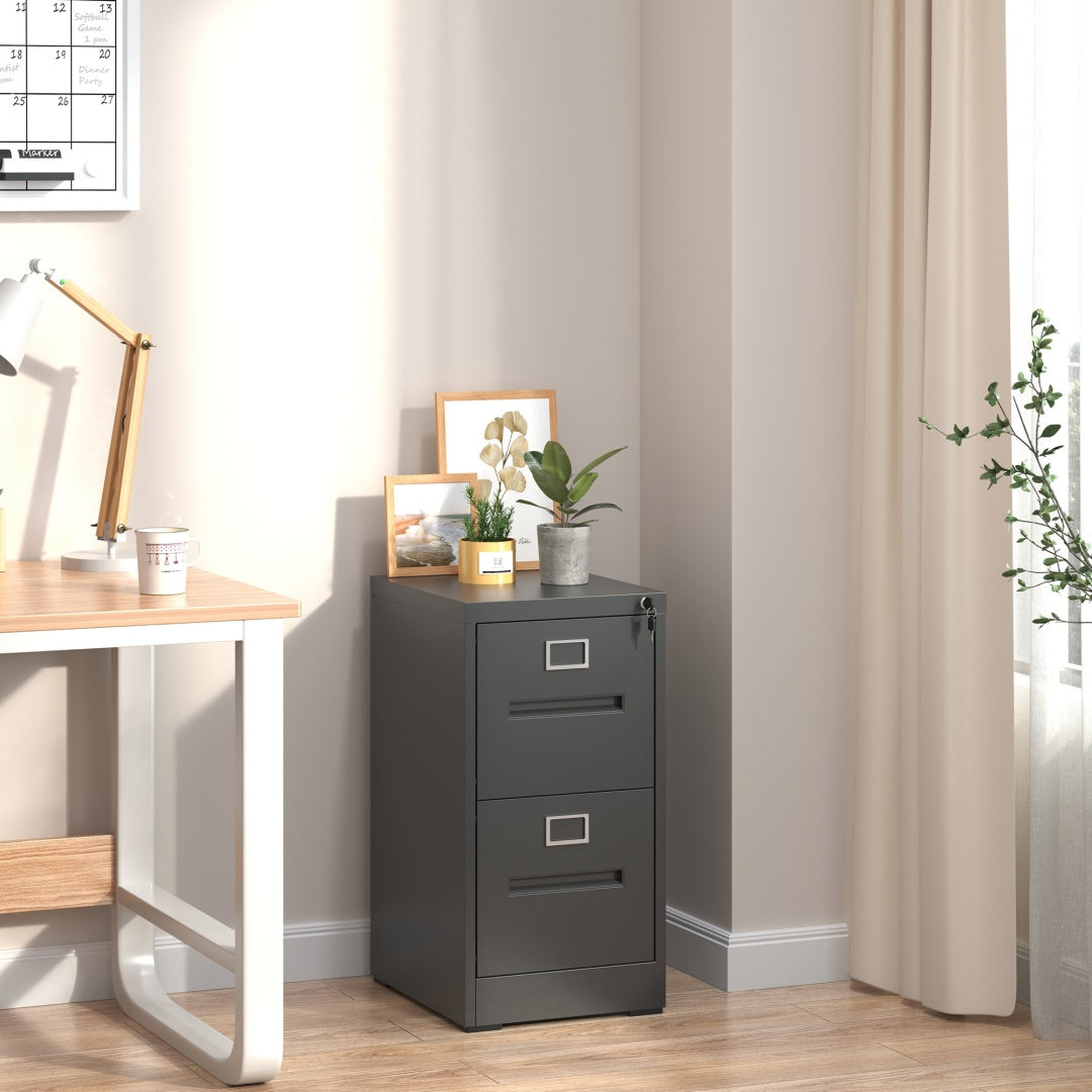 Steel Vertical 2 Drawer Filing Cabinet Cupboard Locker Inner Handle With Card Slots - Black