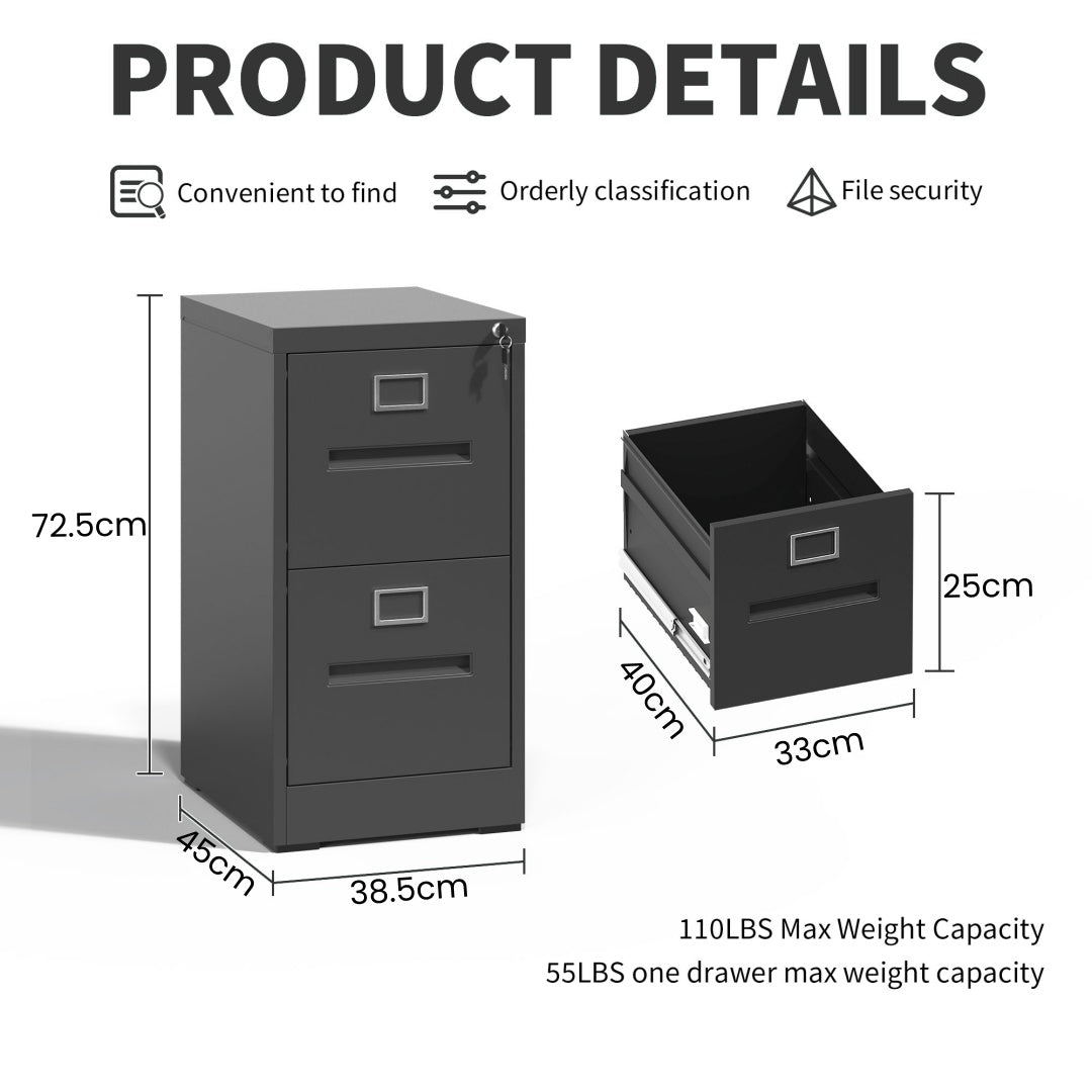 Steel Vertical 2 Drawer Inner Handle Filing Cabinet Cupboard Locker With Card Slots - Black