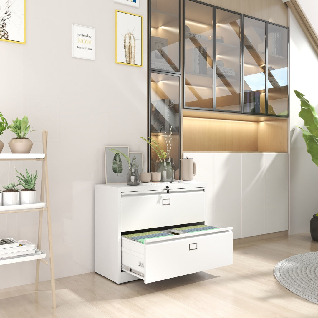 Steel Lateral 2 Drawer Filing Cabinet Cupboard Locker Swan Handle With Card Slots - White