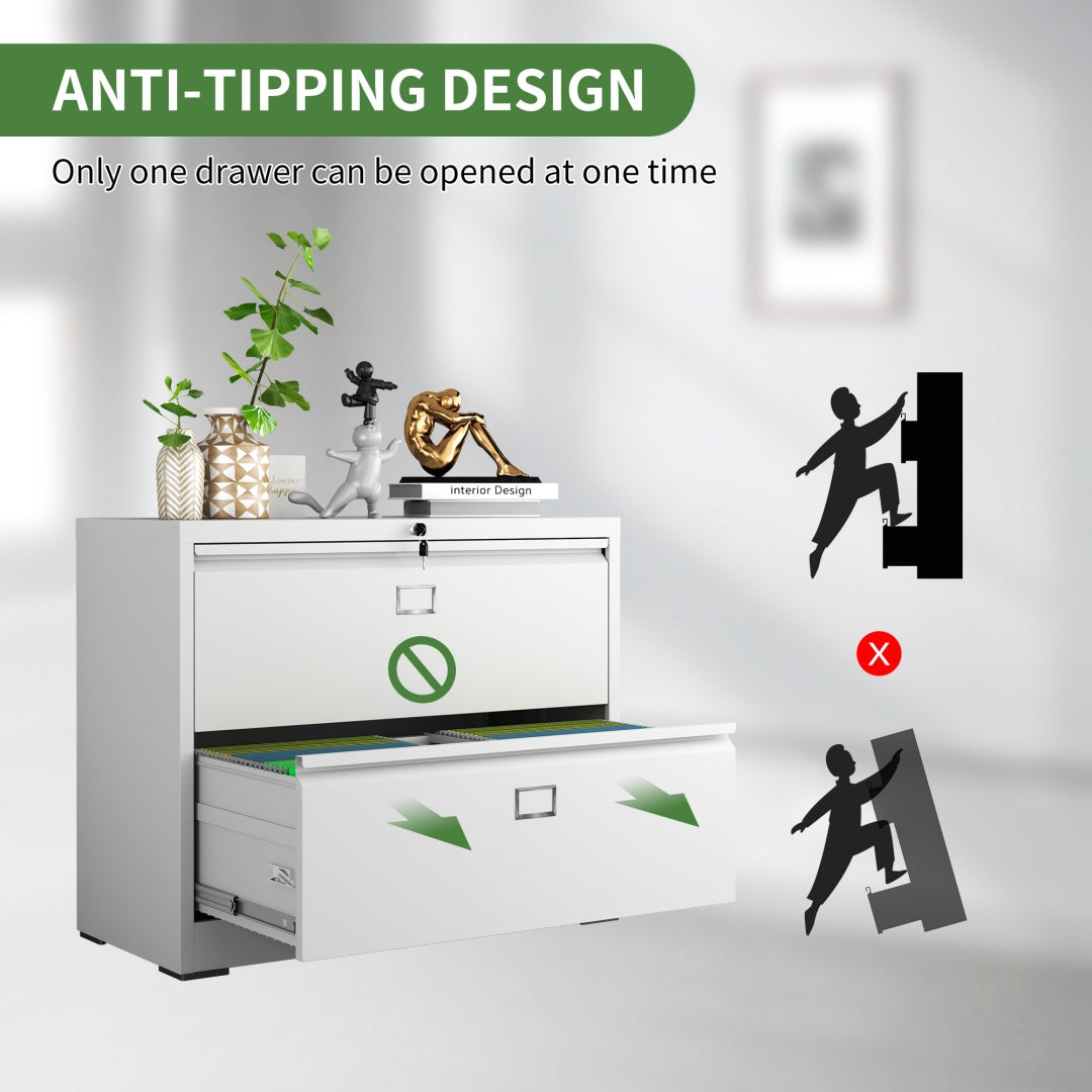 Steel Lateral 2 Drawer Filing Cabinet Cupboard Locker Swan Handle With Card Slots - White