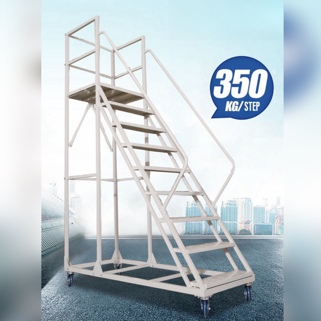 Steel 9 Step Mobile Safety Ladder With Wheels - Light Grey