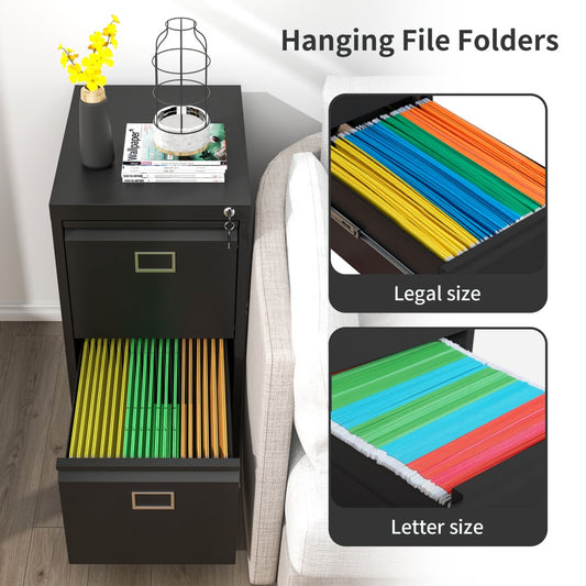 Steel Vertical 2 Drawer Filing Cabinet Cupboard Locker Swan Handle With Card Slots - Black