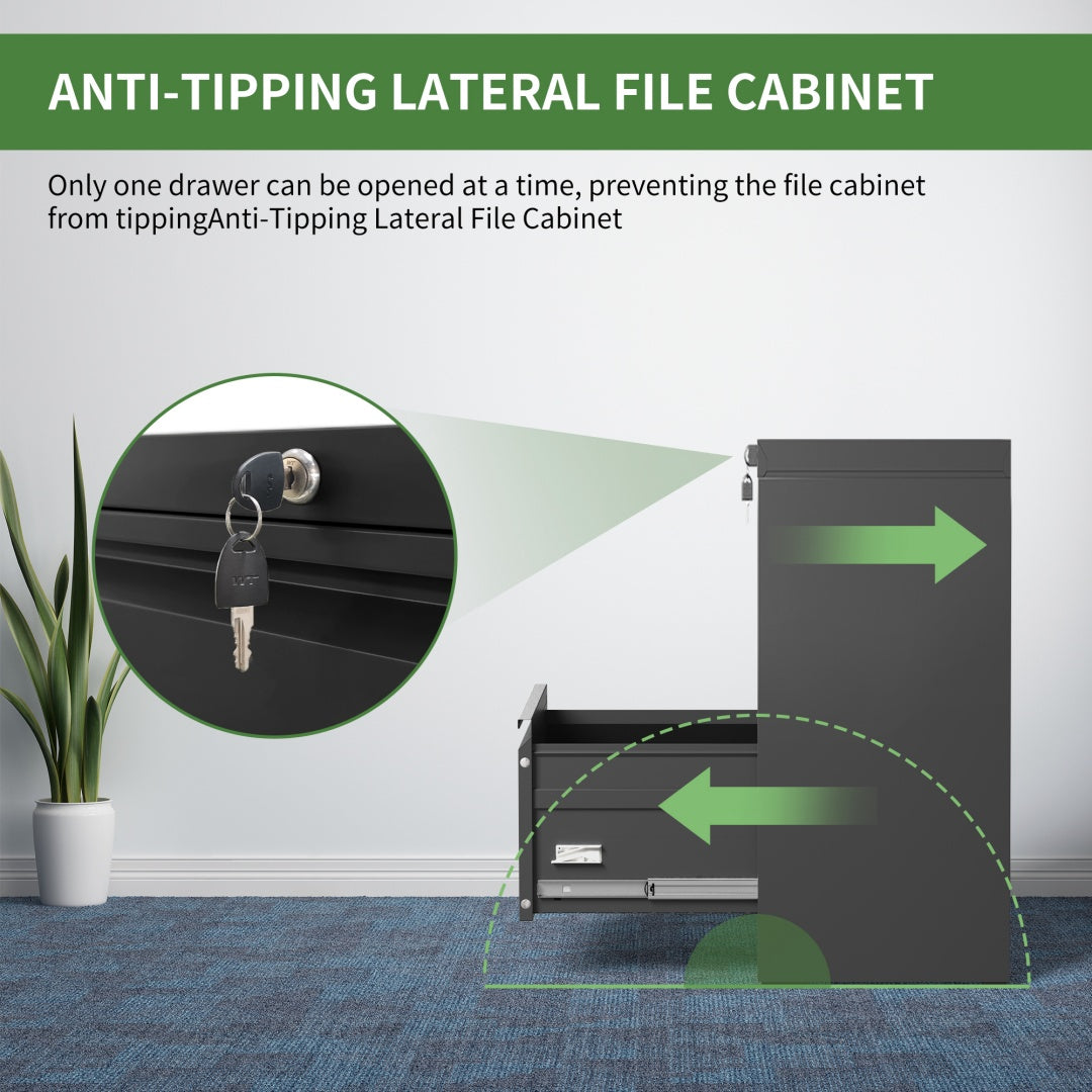 Steel Lateral 2 Drawer Filing Cabinet Cupboard Locker Swan Handle With Card Slots