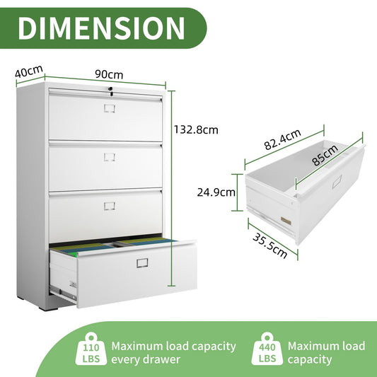 Steel Lateral 4 Drawer Filing Cabinet Cupboard Locker Swan Handle With Card Slots - White
