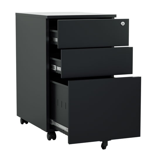 Steel 3 Drawer Pedestal Mobile Filing Cabinets Side Handle With Lock - Black