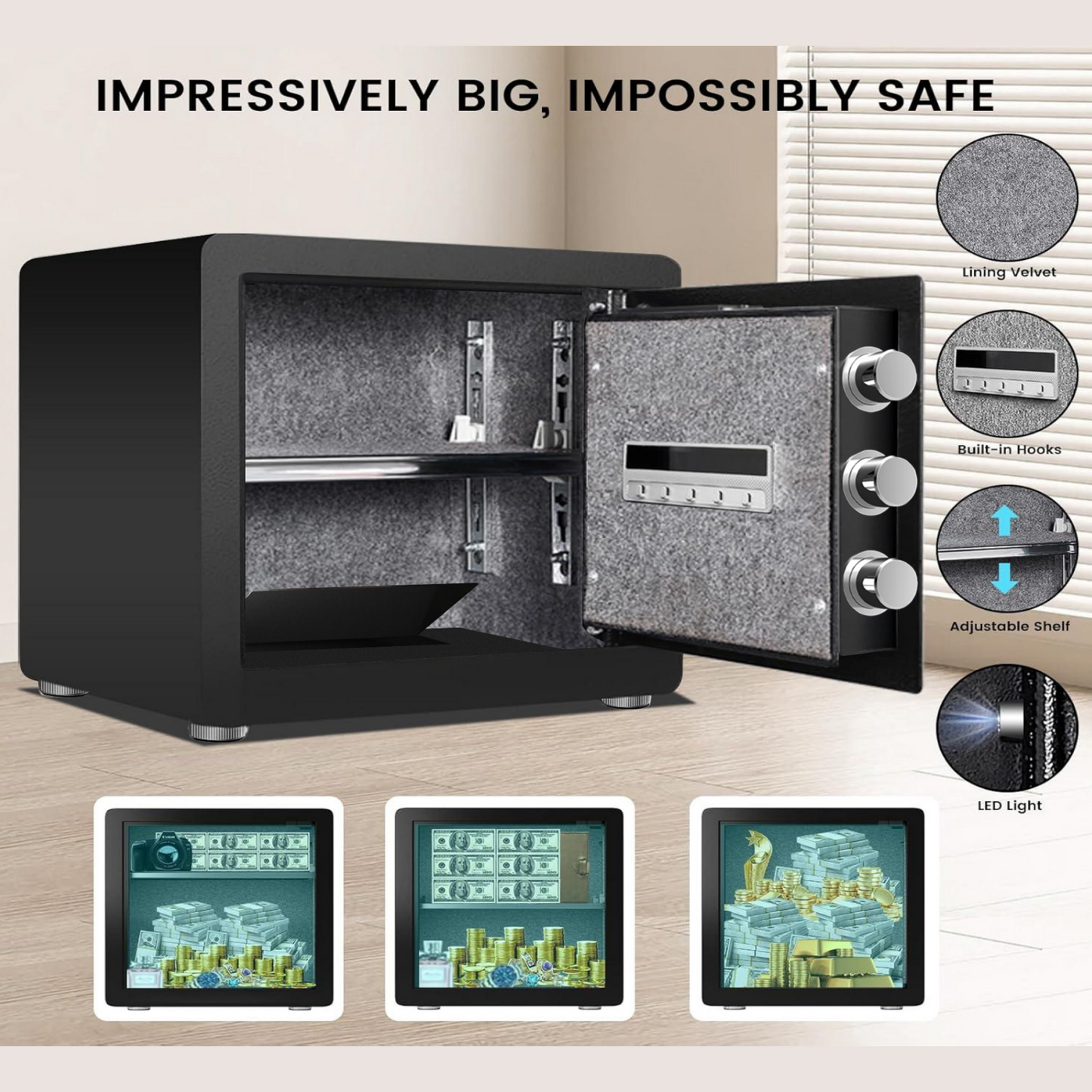 36cm High Safe Box Fingerprint Safety Box Horizontal LCD Touch Screen - Matte Black