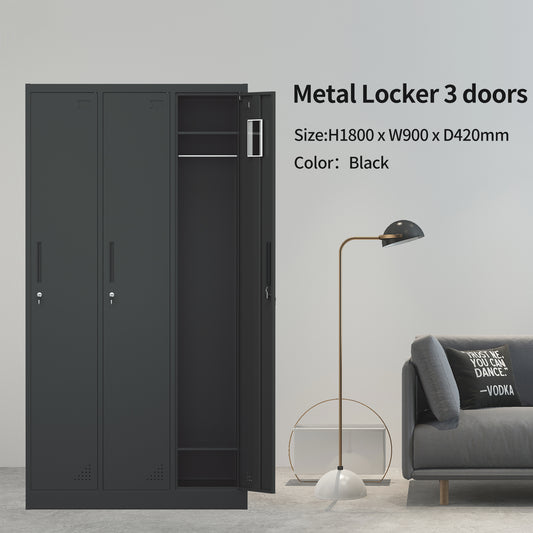 Steel 3 Door Locker Cupboard Storage Cabinet Inner Handle With Lock - Black