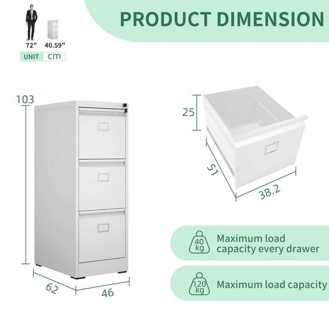 Steel Big Size Vertical 3 Drawer Filing Cabinet Cupboard Locker Swan Handle With Card Slots