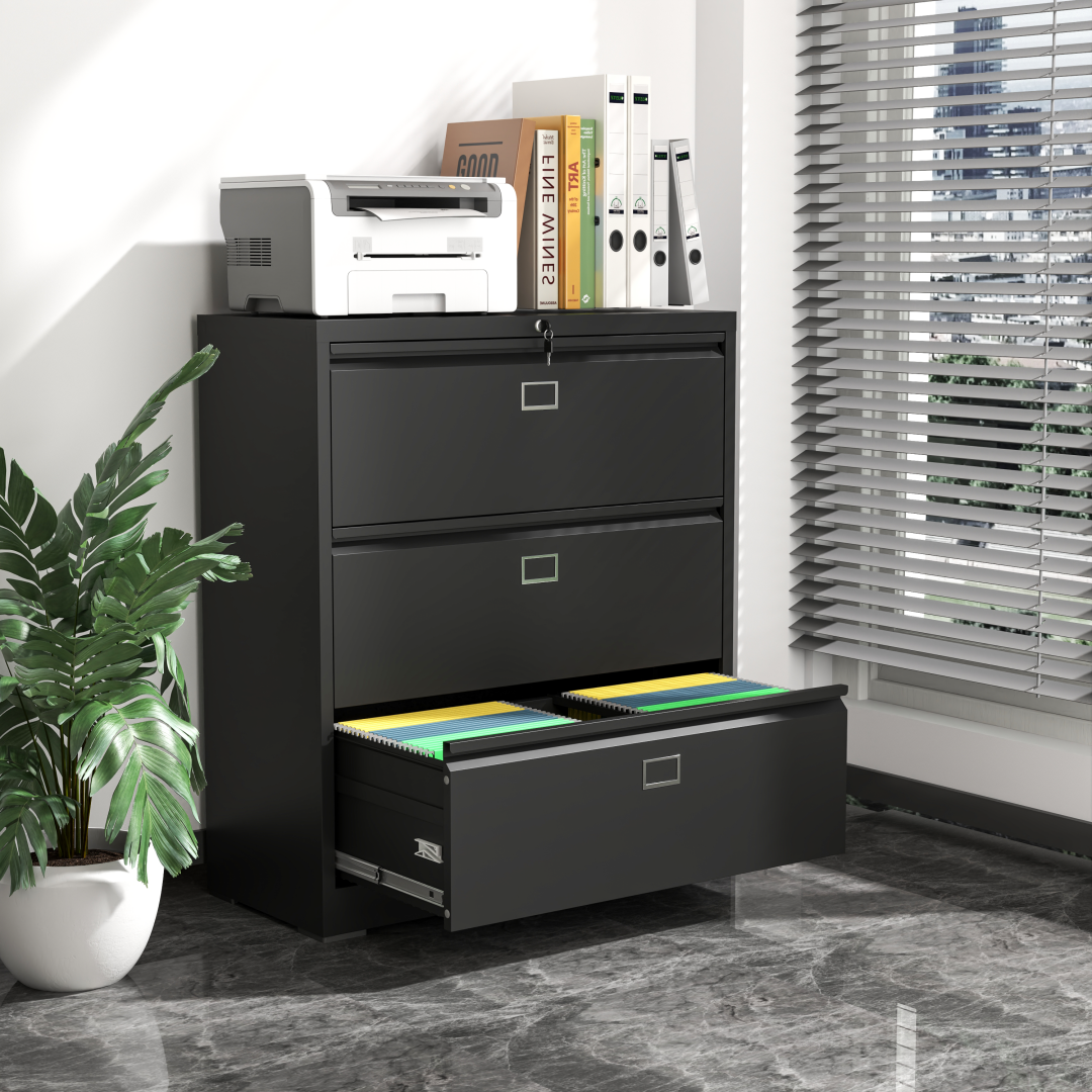 Steel Lateral 3 Drawer Filing Cabinet Cupboard Locker Swan Handle With Card Slots - Black