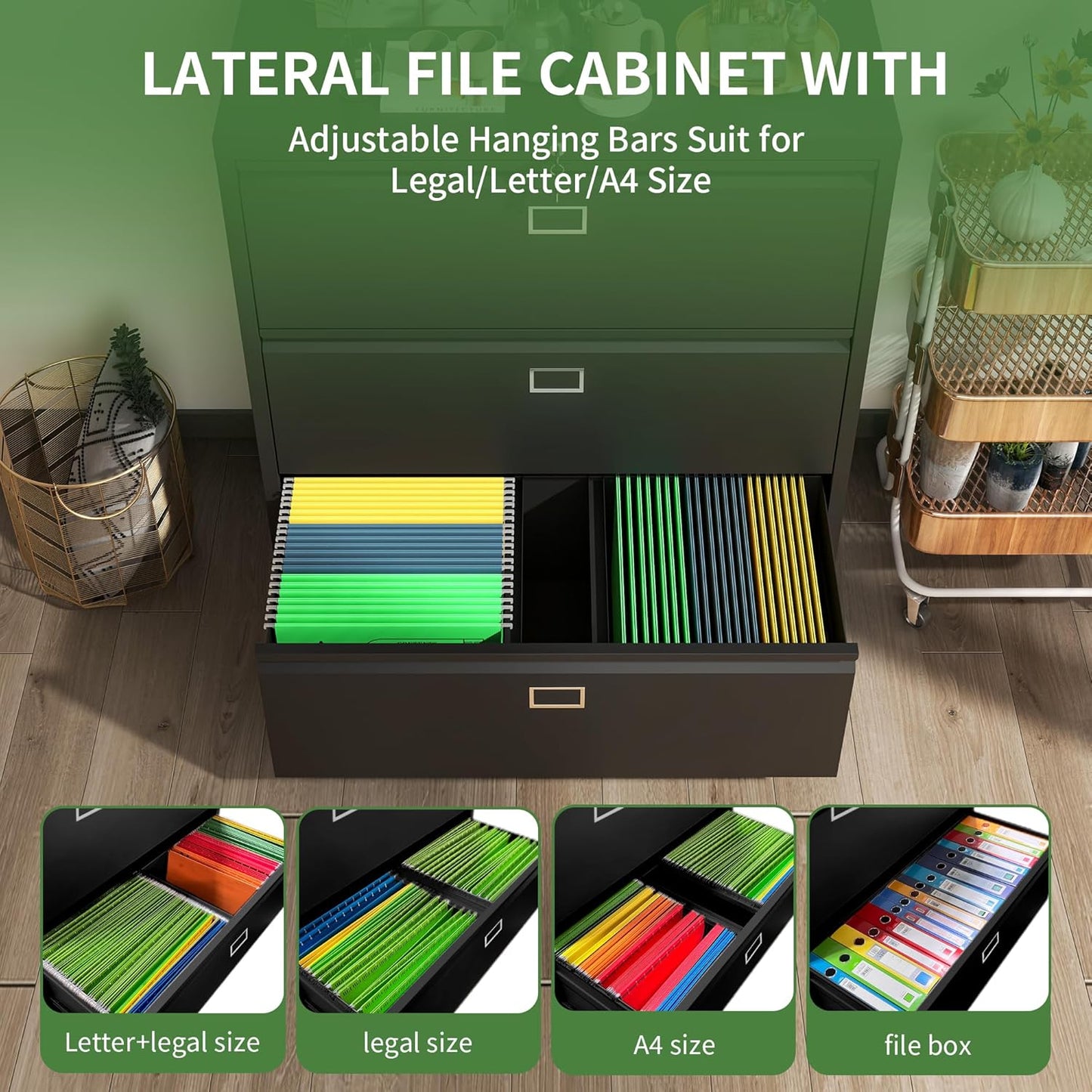 Steel Lateral 3 Drawer Filing Cabinet Cupboard Locker Swan Handle With Card Slots - Black