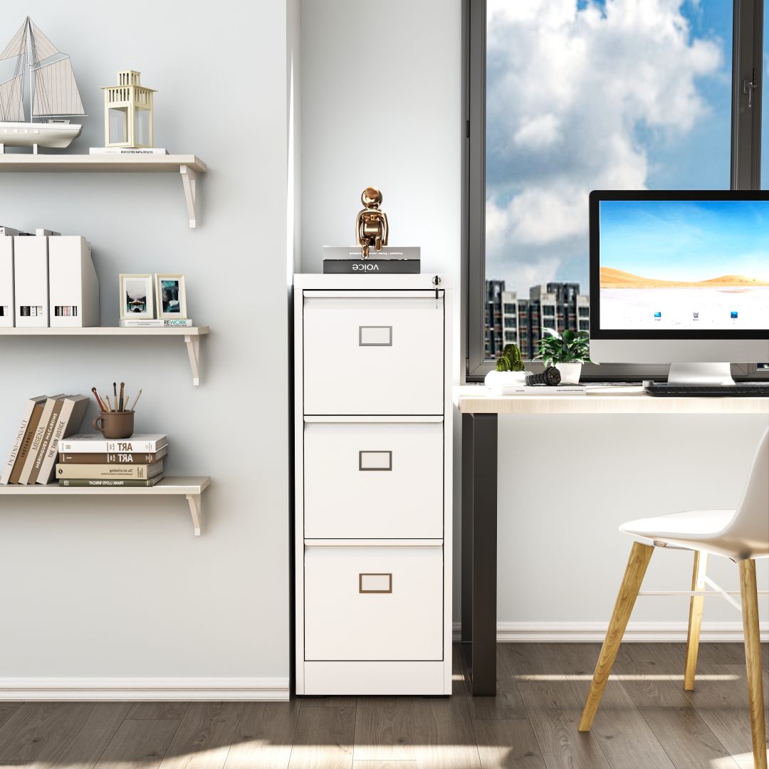 Steel Big Size Vertical 3 Drawer Filing Cabinet Cupboard Locker Swan Handle With Card Slots