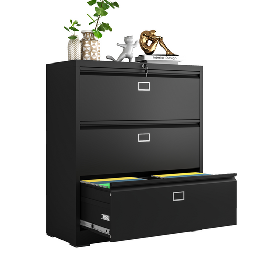 Steel Lateral 3 Drawer Filing Cabinet Cupboard Locker Swan Handle With Card Slots - Black