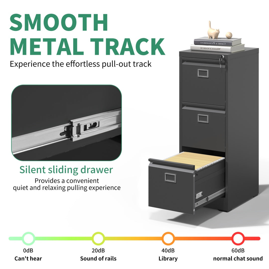 Steel Big Size Vertical 3 Drawer Filing Cabinet Cupboard Locker Swan Handle With Card Slots