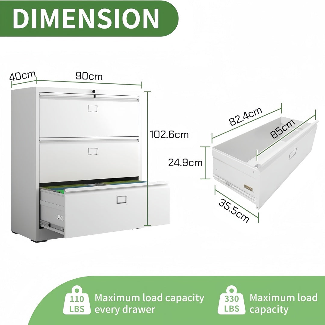 Steel Lateral 3 Drawer Filing Cabinet Cupboard Locker Swan Handle With Card Slots