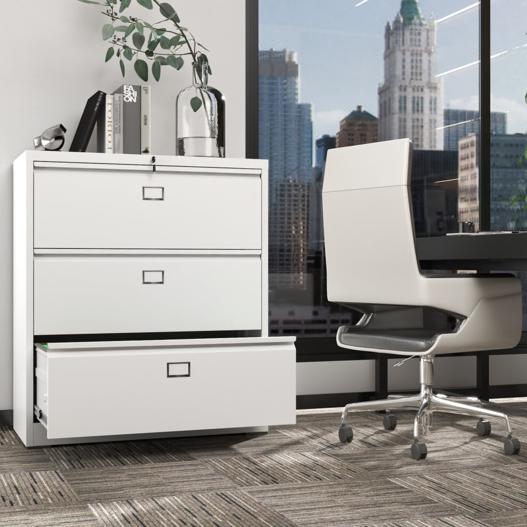 Steel Lateral 3 Drawer Filing Cabinet Cupboard Locker Swan Handle With Card Slots - White