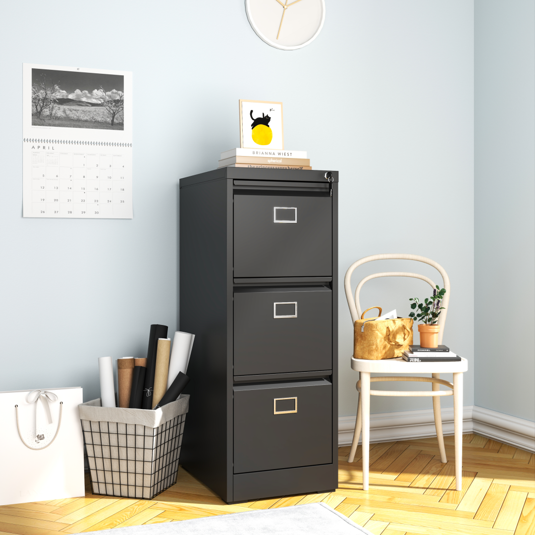Steel Big Size Vertical 3 Drawer Filing Cabinet Cupboard Locker Swan Handle With Card Slots