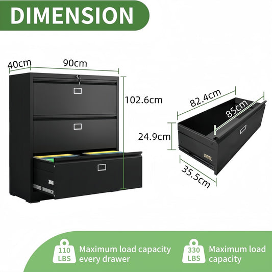 Steel Lateral 3 Drawer Filing Cabinet Cupboard Locker Swan Handle With Card Slots - Black