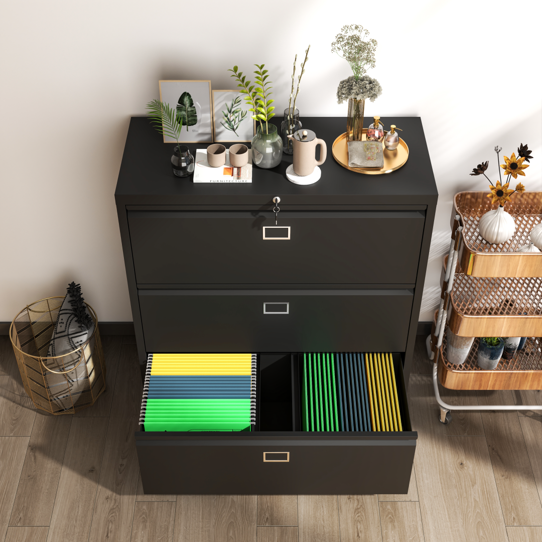 Steel Lateral 3 Drawer Filing Cabinet Cupboard Locker Swan Handle With Card Slots - Black