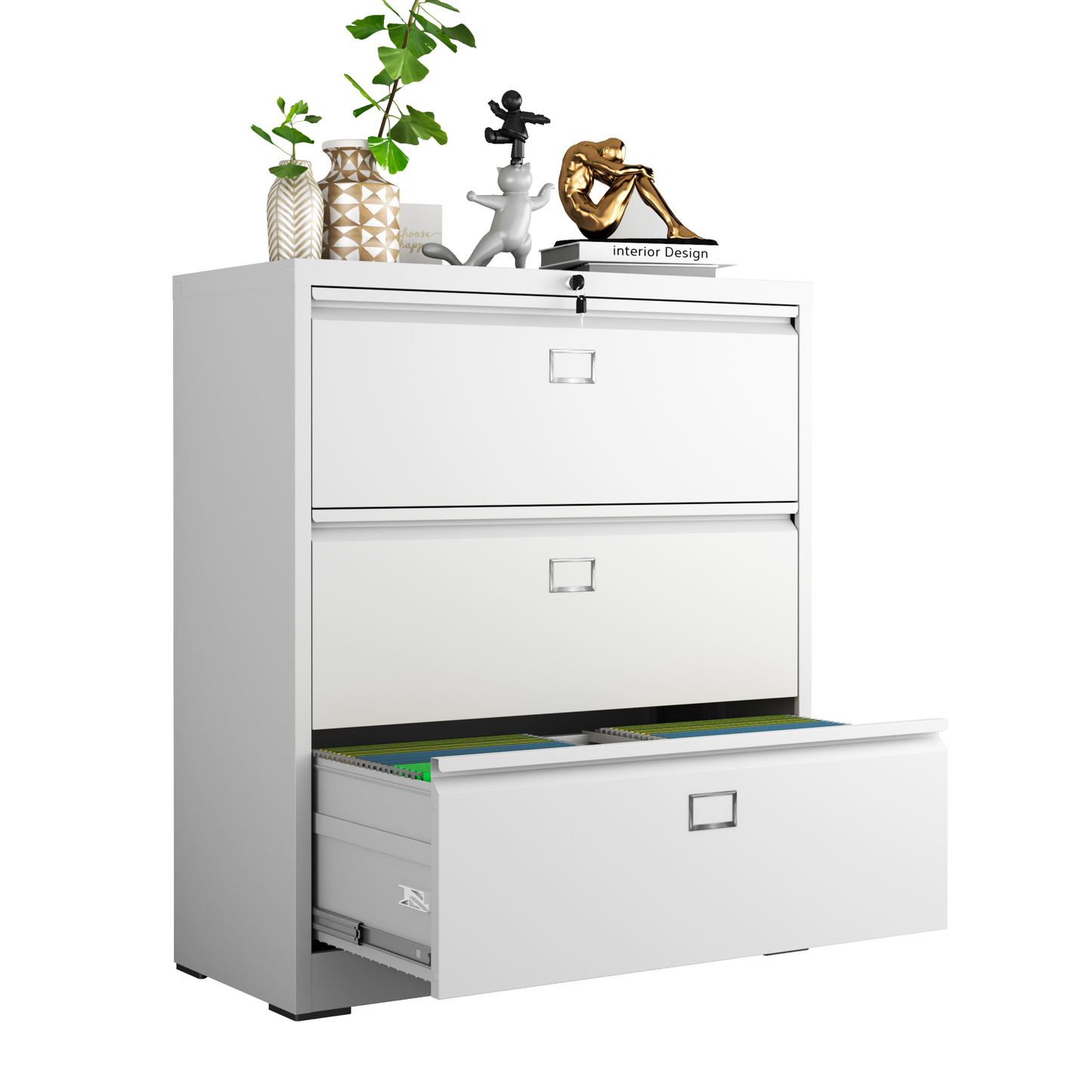 Steel Lateral 3 Drawer Filing Cabinet Cupboard Locker Swan Handle With Card Slots - White