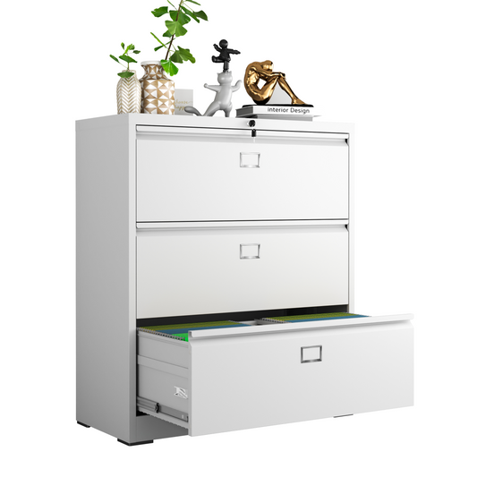 Steel Lateral 3 Drawer Filing Cabinet Cupboard Locker Swan Handle With Card Slots - White