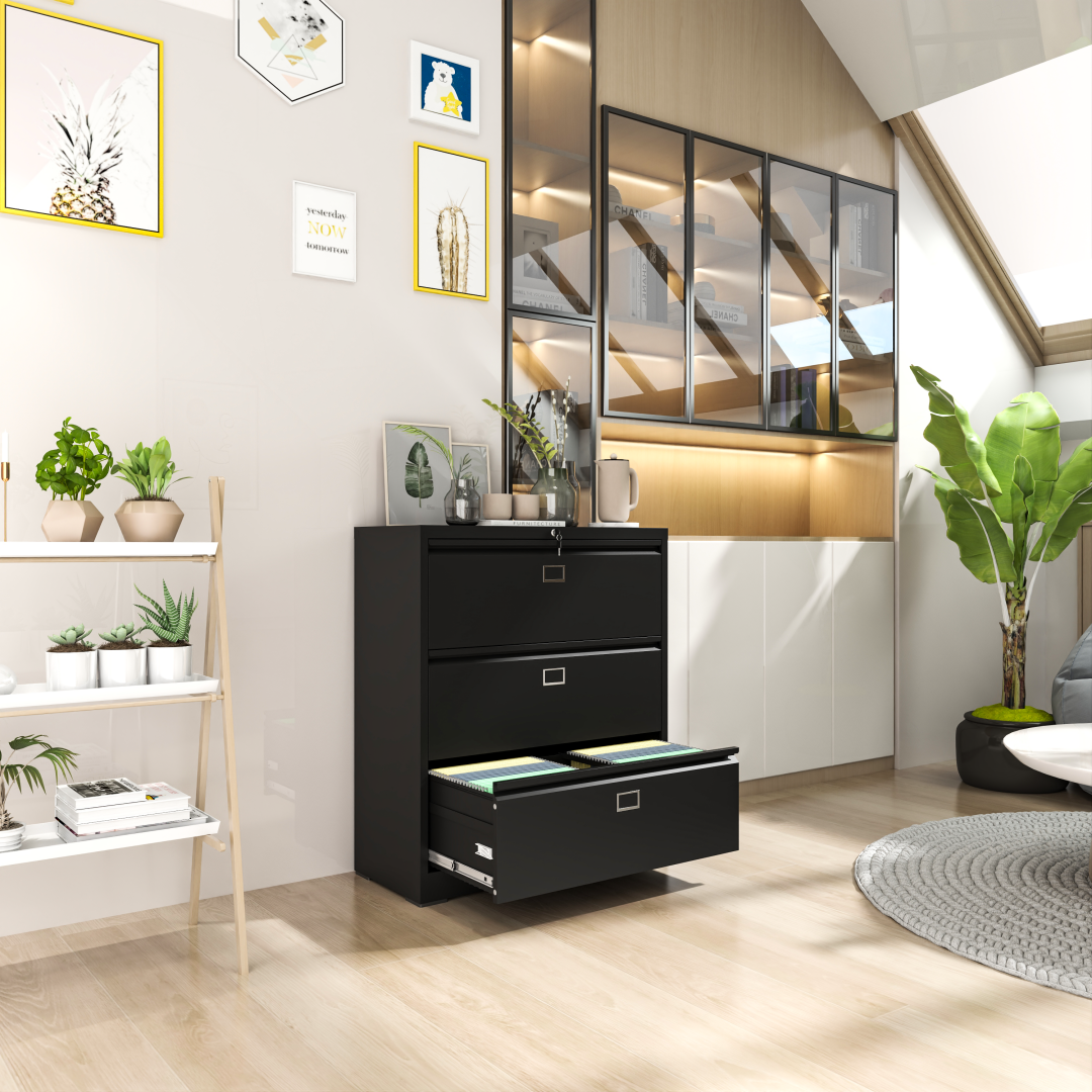 Steel Lateral 3 Drawer Filing Cabinet Cupboard Locker Swan Handle With Card Slots - Black