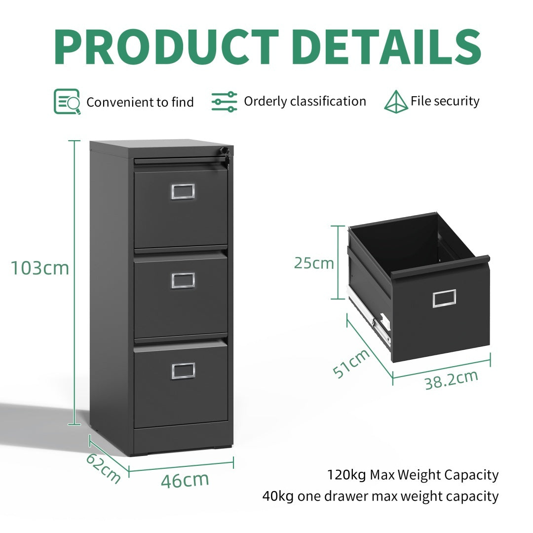 Steel Big Size Vertical 3 Drawer Filing Cabinet Cupboard Locker Swan Handle With Card Slots