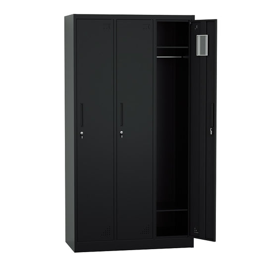 Steel 3 Door Locker Cupboard Storage Cabinet Inner Handle With Lock - Black