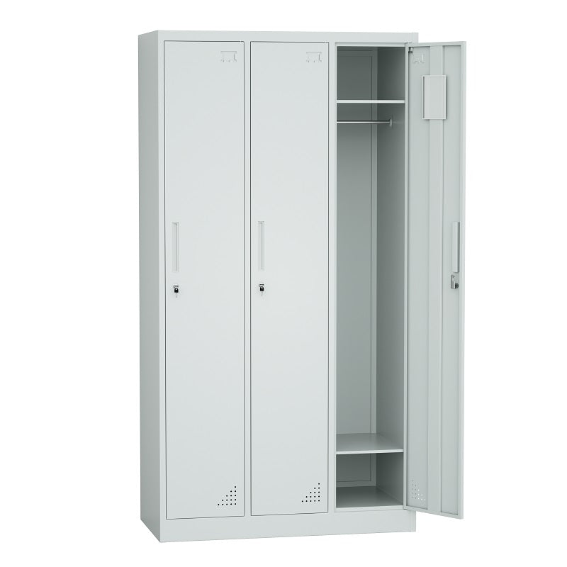 Steel 3 Door Locker Cupboard Storage Cabinet Inner Handle With Lock - Light Grey