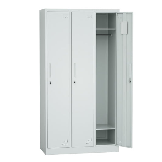 Steel 3 Door Locker Cupboard Storage Cabinet Inner Handle With Lock - Light Grey