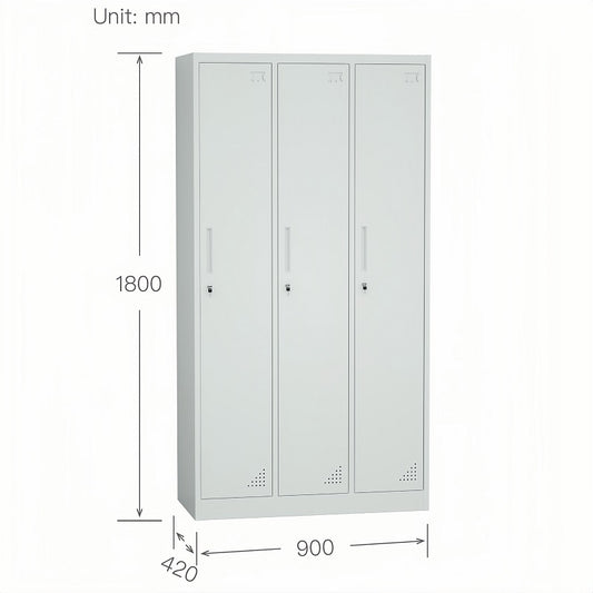 Steel 3 Door Locker Cupboard Storage Cabinet Inner Handle With Lock - Light Grey