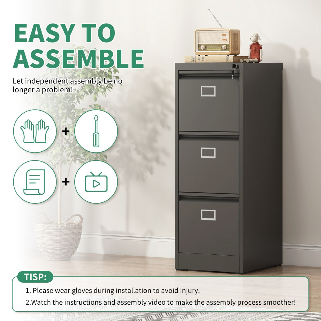 Steel Big Size Vertical 3 Drawer Filing Cabinet Cupboard Locker Swan Handle With Card Slots