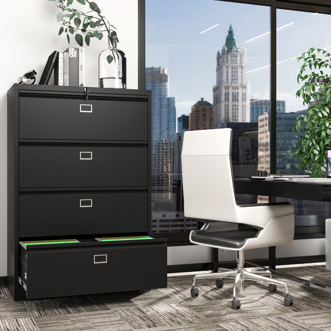 Steel Lateral 4 Drawer Filing Cabinet Cupboard Locker Swan Handle With Card Slots