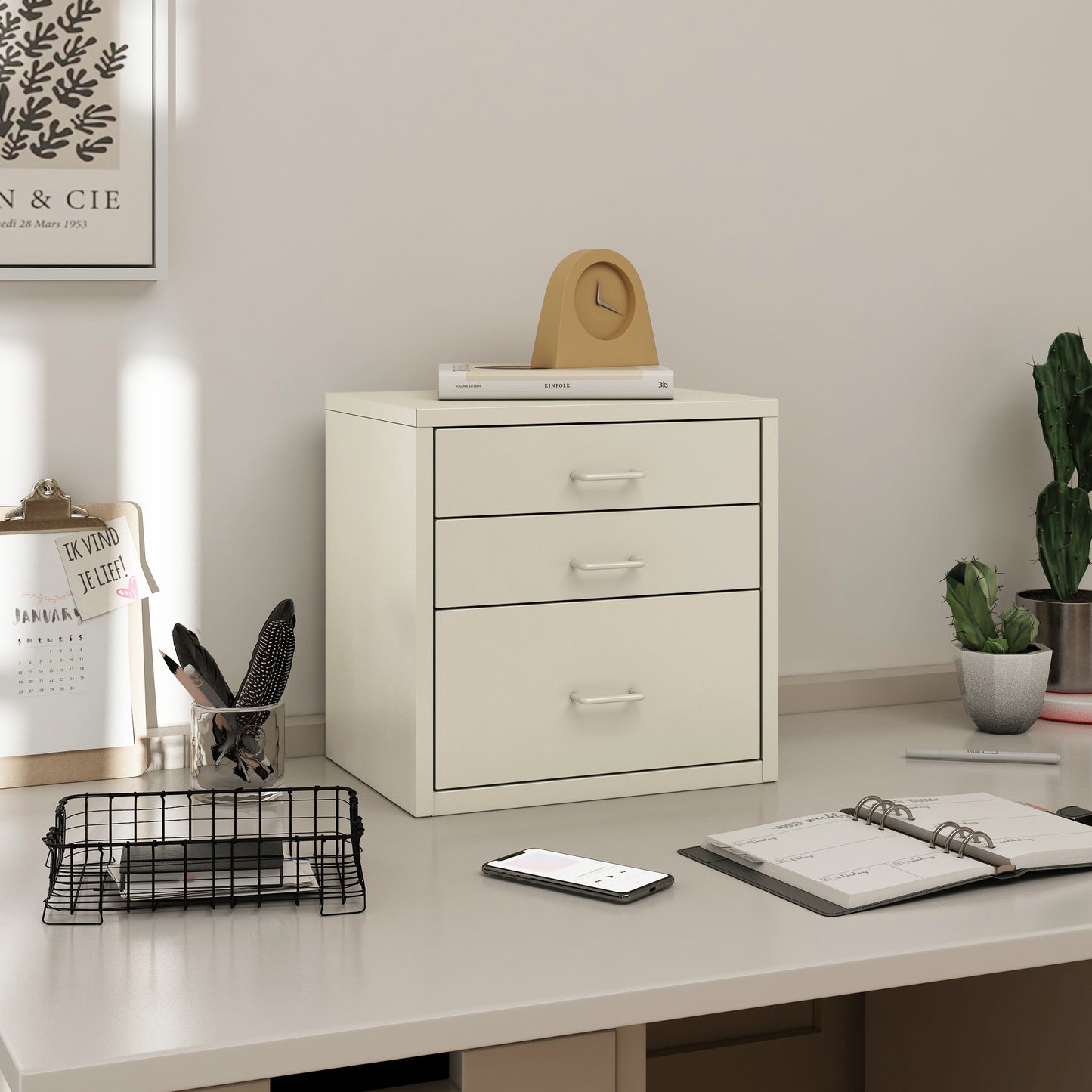 Steel Desk Organizer 3 Drawer Desktop Storage Cabinet - Beige