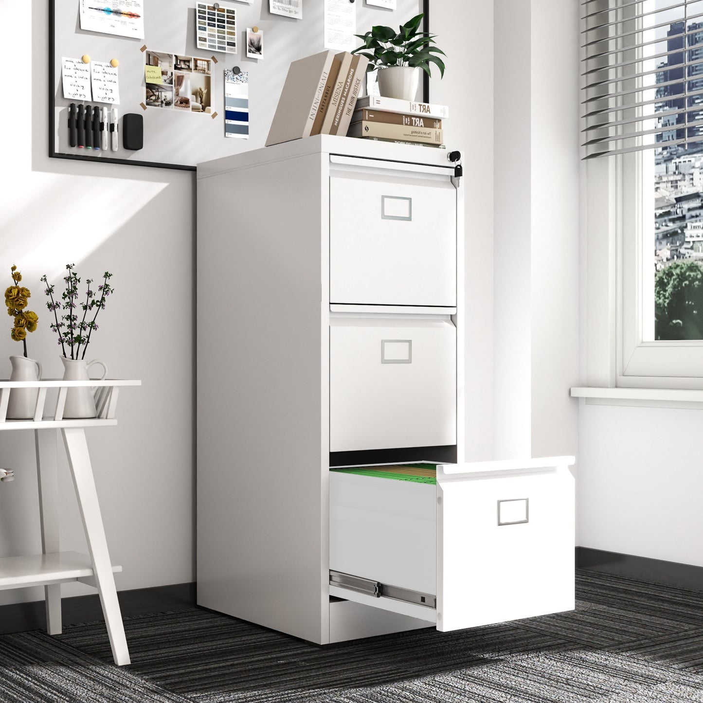 Steel Big Size Vertical 3 Drawer Filing Cabinet Cupboard Locker Swan Handle With Card Slots