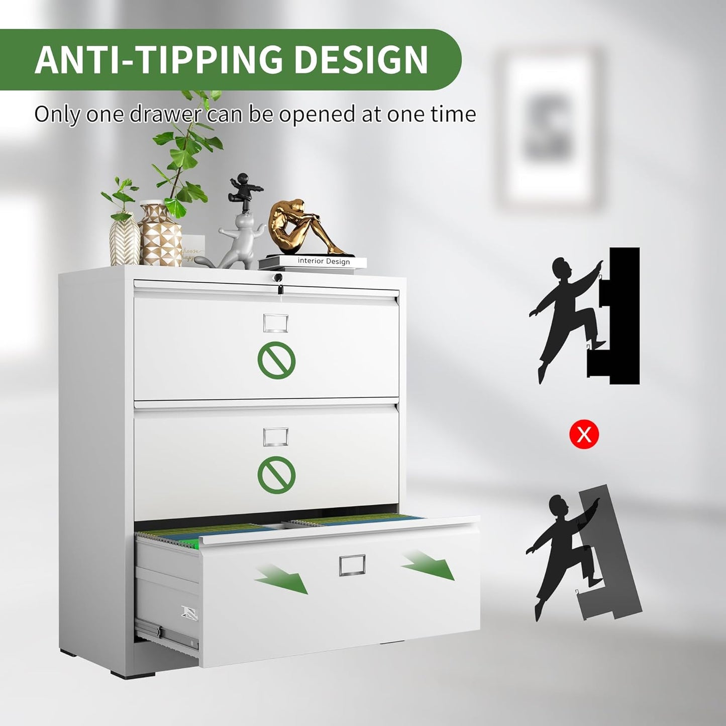 Steel Lateral 3 Drawer Filing Cabinet Cupboard Locker Swan Handle With Card Slots